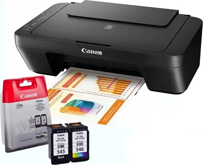 A black Canon Pixma printer is shown with printed documents coming out, and ink cartridges next to it.