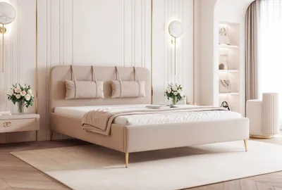 Obrázek produktu pro BESILIO Postel na zlatých nožkách 160x200 Monti II - Štíhlá postel, ozdobné vytahovací polštáře, kovové nožky, s rámem a boxem na prádlo - béžová barva