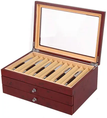 Produktbild von 3 Schichten Stifthalterbox Stifte Sammelbox mit Anzeigefenster Füllfederhalter Pen Organizer Box Drei Ebene Vitrine Stiftetui Holzvitrine Penbox für 34 Stifte Rot