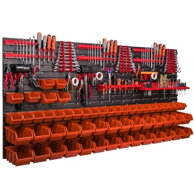 Zdjęcie produktu dla Zestaw paneli z uchwytami na narzędzia 173 x 78 cm z 56 szt. Wiszące pomarańczowe plastikowe pudełka XL