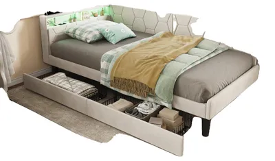 Produktbild von Bett, LED-Beleuchtung, Stauraumschubladen, Beige 90x200cm