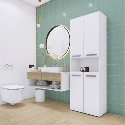 A modern bathroom with a wall-mounted vanity, toilet, and a tall cabinet.