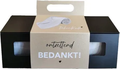 Zdjęcie produktu dla Koc Unyqoos® z napisem "Serdecznie dziękujemy!" – 140 x 180 cm, 100% flanela i materiału typu sherpa, kolor ecru, zapakowany w pudełko prezentowe