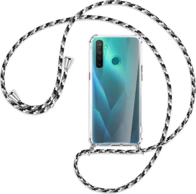 Produktbild von Handykette Backcover-Schutzhülle mit Band (Metall silberfarben) für Realme 5 Pro - schwarz/grau/weiß