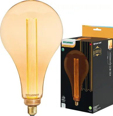 A decorative LED light bulb and its packaging are displayed.