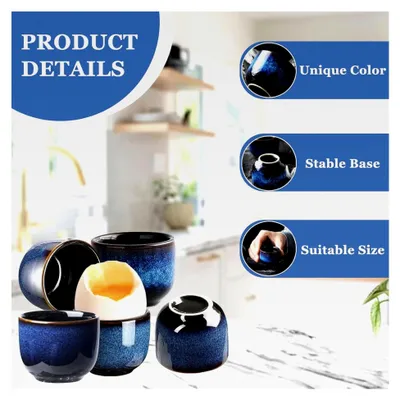 Produktbild von 6 Stück Eierbecher aus Porzellan, Keramische Eierhalter, Rundes Set für alle Eigrößen, Für gekochte Eier, Frühstück, Für Küche, Haus und Restaurant, Blau