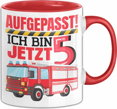 Produktbild von 5. Geburtstag Geschenk Tasse Becher Jungs Feuerwehr Aufgepasst Ich Bin Jetzt 5 (Rot)