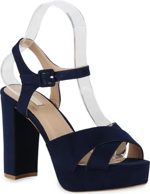 Produktbild von Mytrendshoe Damen Plateau Sandaletten Blockabsatz Party Schuhe High Heels 826159, Farbe: Dunkelblau, Größe: 36