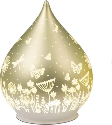 Produktbild von LED Deko Tropfen Glas Pastell Grün 15cm Matte Glasleuchte mit Blumen-Dekor- Timer 6h/18h
