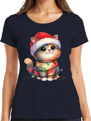 Produktbild von Katze Lichterkette Katzenliebhaber - Weihnachten Weihnachtsgeschenk Christmas Damen T-Shirt, Navy, 3XL