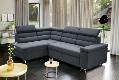 Produktbild von WILLY – L-Form Ecksofa 263 cm mit Ottomane links, Marineblau, mit Kopfstützen, Schlaffunktion & Bettkasten