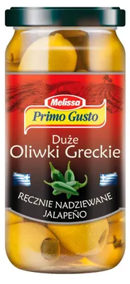 Productafbeelding van Primo Gusto Melissa, grote Griekse olijven, met de hand gevuld met jalapeño, 240 gram