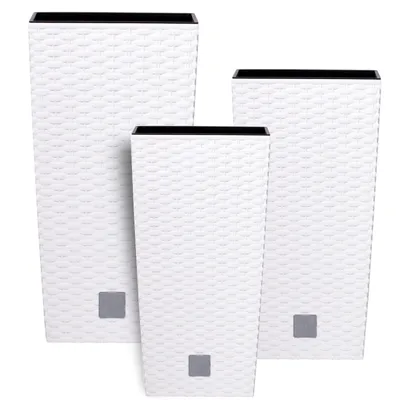 Produktbild von Topf Set 3 x Pflanztöpfe Kübel Rattan Hohes H 37 42 50 cm Weiß Kunststoff mit Pflanzeinsatz Quadrat