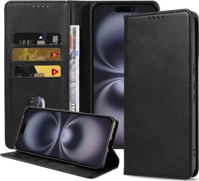 Produktbild von Smartphonica Handytasche passend für iPhone 16 Kunstledertasche mit Magnetverschluss und Kartenhaltern Buchhülle mit Klappe - Schwarz