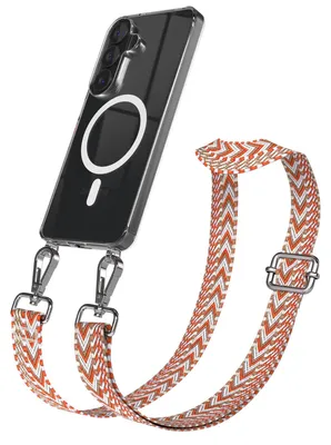 Produktbild von EAZY CASE - Handykette mit MagSafe Hülle für Samsung Galaxy S26, Handyband ZickZack Style, Karabiner Silber, Umhängeband in Beige