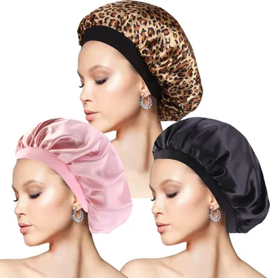 Produktbild von 3 Stück Seidenhaube zum Schlafen, Schlafhaube Seide Verstellbare Satin Haarhaube Atmungsaktive Haarhaube für die Nacht Weiche Silk Bonnet Schlafmütze für Damen und Mädchen