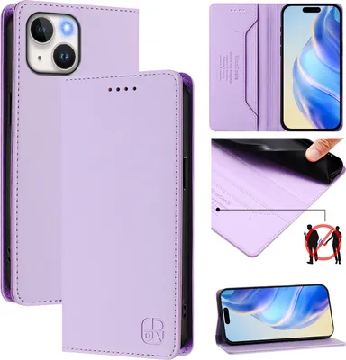 Produktbild von Lederhülle für iPhone 15 Hülle Flip Brieftasche Kartenfächern Ständer Schutzhülle Violett