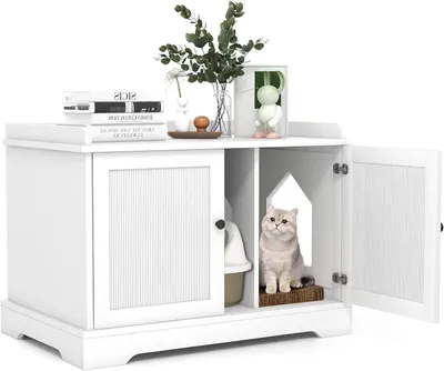 Produktbild von GOPLUS Katzentoilette, Stabiler Katzenschrank mit Trennwand, Doppeltüren, Katzenhaus für die meisten Katzen, verstecktes Katzenmöbel für Wohnzimmer, Schlafzimmer, Weiß