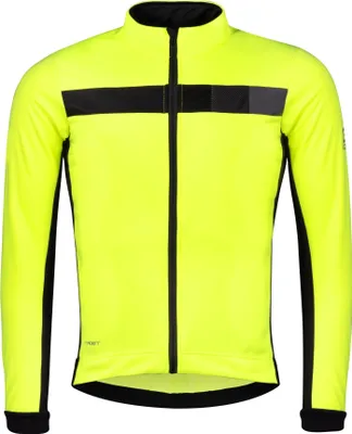 A front view of a neon yellow and black cycling jacket.