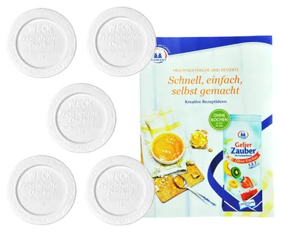 Produktbild von 5er Set Weck Frischhaltedeckel 60mm incl. Gelierzauber Rezeptheft von Diamantzucker