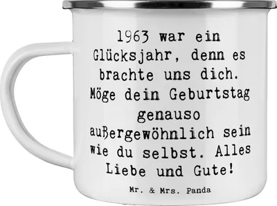 Produktbild von Mr. & Mrs. Panda Teetasse Spruch 1963 Geburtstag - Weiß - Geschenk, Alter, Emailletasse, Glückwunsch, Pott, Kaffeepott, außergewöhnlich, Emaille Tasse, Teebecher