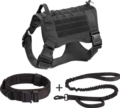 Produktbild von Hundegeschirr, militärische Hundeweste, Halsbandleine mit Tasche und Aufnäher, taktische Hundeweste ohne Zug für große Hunde, Diensthundegeschirr für das Training, Wandern(L, Schwarz)