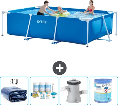 Produktbild von Intex-Schwimmbecken mit rechteckigem Rahmen – 300 x 200 x 75 cm – Blau – im Lieferumfang enthalten Sonnensegel - Wartungspaket - Filterpumpe für Schwimmbad - Filter