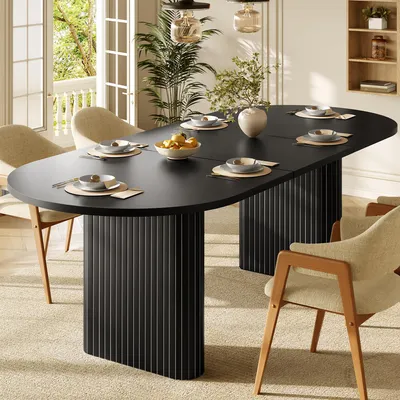 Produktbild von Flieks Ausziehbarer Esstisch 120-160cm, ovaler Holztisch mit vertikaler Struktur, belastbar bis 60kg, Esszimmertisch 120-160x80x75.5cm, Schwarz