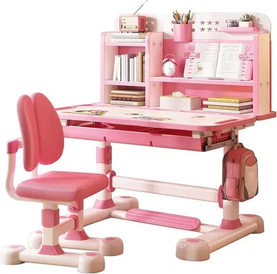 Imagen del producto de Escritorio infantil con altura ajustable, junto con una silla y un corrector de postura