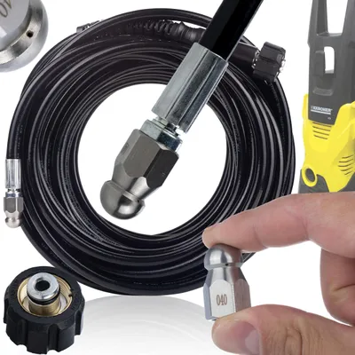 A collage of images showing a drain cleaning hose, nozzles, and a pressure washer.