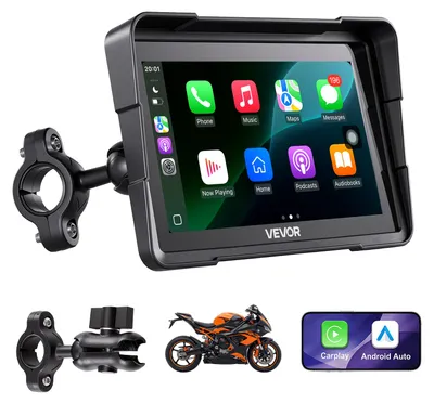 Obrázek produktu pro VEVOR Navigační systém pro motocykly, 7palcový displej, černý, s funkcemi Apple CarPlay a Android Auto, určený pro silniční motocykly, motocykly typu cruiser, turistické motocykly a čtyřkolky, s duálním Bluetooth, vodotěsný podle normy IP67 a včetně montážného držáku