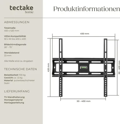 Produktbild von Tectake, TV Wandhalterung, 26-75 Zoll (66-191 cm), bis 100 kg, stufenlos breitenverstellbar, 2-3 cm Wandabstand, Stahl