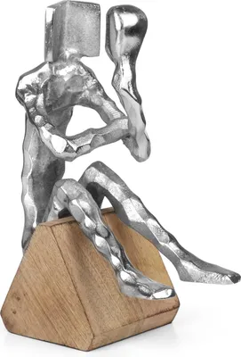 Produktbild von Moderne Dekofigur denkender Mann auf Sockel als stilvolle Skulptur zum Nachdenken - 10 x 17,5 x 22 cm für Wohnzimmer Büro Regal Schreibtisch Geschenkidee abstrakte Metallfigur auf Holzsockel