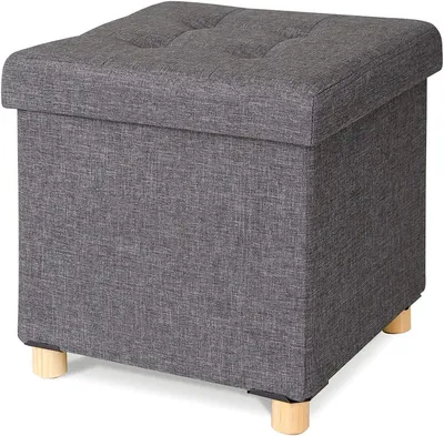 Image de Pouf rembourré avec revêtement en lin et pieds en bois, dimensions 38x38x38 cm, couleur gris, capacité de charge jusqu'à 300 kg, avec un espace de rangement de 40 litres et un couvercle amovible