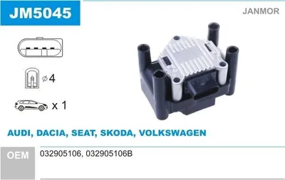 Produktbild von JANMOR JM5045 Zündspule für VW Golf IV Schrägheck (1J1) GOLF VI (5K1) Golf V Schrägheck (1K1) POLO (9N) TOURAN (1T1, 1T2)