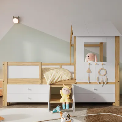 Produktbild von Kinderbett 90x200 cm, halbhohes Hausbett mit Dach und Fenster, 4 Schubladen, Treppe und 4-seitigem Fallschutz, Kiefer/MDF/Sperrholz, Weiß/Natur