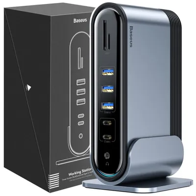 Produktbild von Baseus CAHUB-DG0G, USB 3.2 Gen 1 (3.1 Gen 1) Type-C, 100 W, Schwarz, Grau, MicroSD (TransFlash), SD, 3.5mm, HDMI, RJ-45, USB 2.0, USB 3.2 Gen 1 (3.1 Gen 1) Type-A, USB 3.2 Gen 1 (3.1 Gen 1) Type-C, VGA, USB Typ-C auf USB Typ-C