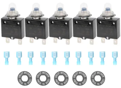 Imagen del producto de Interruptor térmico de 8 amperios con terminales de conexión rápida, tapa impermeable, botón pulsador y restablecimiento manual