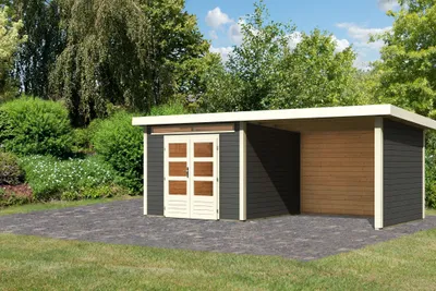 Produktbild von Karibu Gartenhaus Gerätehaus Kandern 6 im Set mit Anbaudach 3,2 m Breite und 28 mm Seiten- und Rückwand terragrau 565x274x222 cm