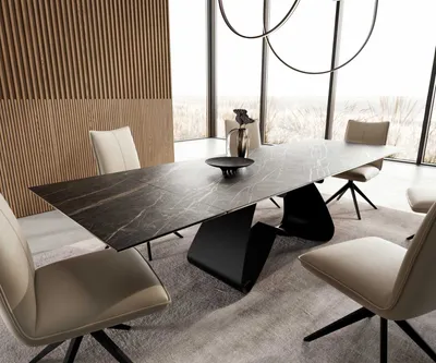 Produktbild von DELIFE Esstisch Edge 200-300x100 Keramik Laminam®Noir Desir Braun W-Gestell Schwarz ausziehbar