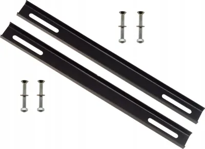 Two black mounting brackets and four silver bolts are laid out on a white background.