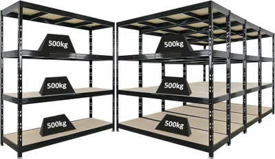 Produktbild von Mega Deal | 5x Profi Schwerlastregal Rhino | HxBxT 200x200x60cm | 4 Spanplatten-Ebenen 8mm | Fachlast 500kg | Schwarz