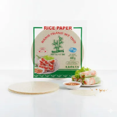 Obrázok produktu pre Ryžový papier na jarné závitky okrúhly - priemer 22 cm - 400 g Ryža Bamboo Tree