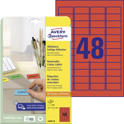 Produktbild von Avery Zweckform L6038-20, Farbige Etiketten, ablösbar, A4, 45,7 x 21,2 mm, 960 Etiketten / 20 Bögen, rot