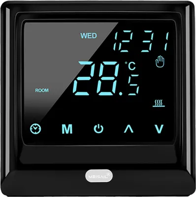 A digital thermostat display showing the time, day, and temperature.