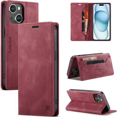 Produktbild von iPhone 15 Brieftasche Hülle, Retro Kunstledertasche Stand Schutzhülle für iPhone 15 Rot