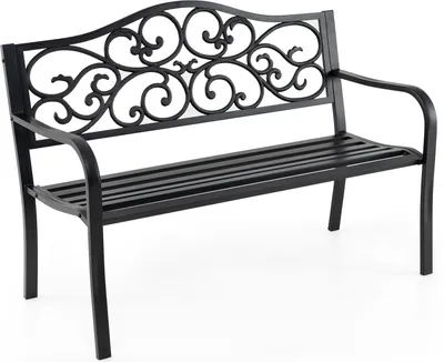 A black metal garden bench with ornate scrollwork on the backrest, shown against a white background.