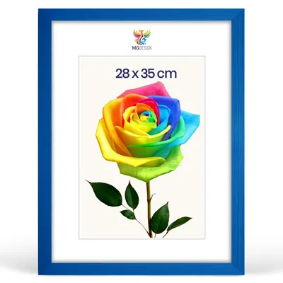 Produktbild von MG Design Bilderrahmen 28 x 35 cm - Fotorahmen mit Blau Holzrahmen (Echtholz) und bruchsicherem Acrylglas, Hoch & Quer zum Aufhängen, zum Aufstellen