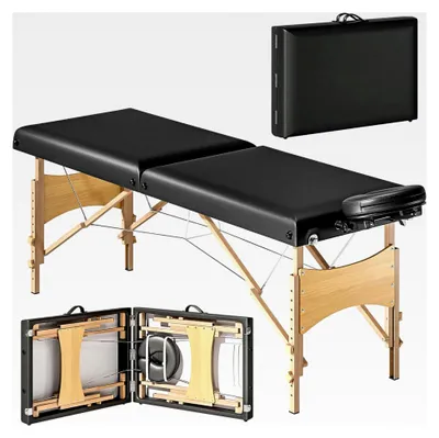 Produktbild von Klappbare Massageliege mit 2 Zonen, höhenverstellbar, 70 cm breit, mit Kopfstütze, Holzfüßen, in Schwarz