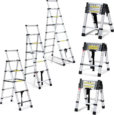 Produktbild von Hengda Teleskopleiter Alu Leichtgewicht Rutschfester 2,0m+2,3m Silber Multifunktionsleiter Mehrzweckleiter Ausziehbare Leiter 15 Stufe Stehleiter aus Hochwertigem Aluminium Belastbarkeit 150KG
